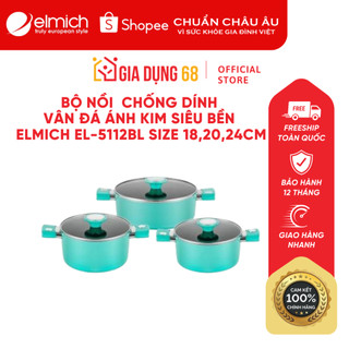 Bộ nồi chống dính vân đá ánh kim siêu bền Elmich EL 5112 BL size 18,20,24cm