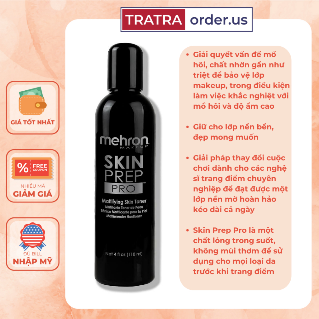 NƯỚC CÂN BẰNG DA TONER MEHRON SKIN PREP PRO 120ML CẢI TIẾN DUNG DỊCH CHỐNG MỒ HÔI MAKEUP