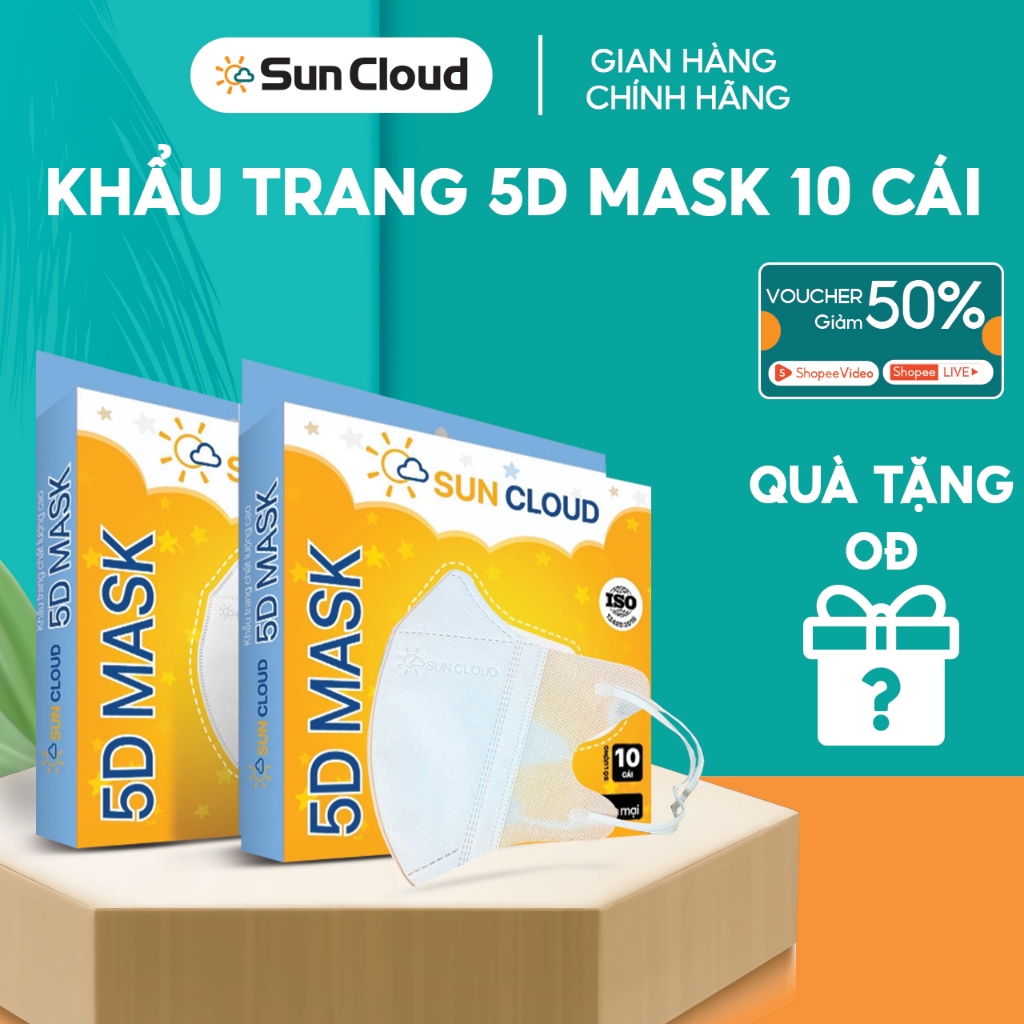 Hộp 50 chiếc khẩu trang y tế 5D Mask 3 lớp SUN CLOUD kháng khuẩn, ngăn bụi mịn, mềm mại, ôm gọn mặt.