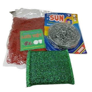 [HÀNG CÓ SẴN]Combo dụng cụ rửa chén 3 món (lưới rửa chén+chùi xoong+miếng rửa chén)