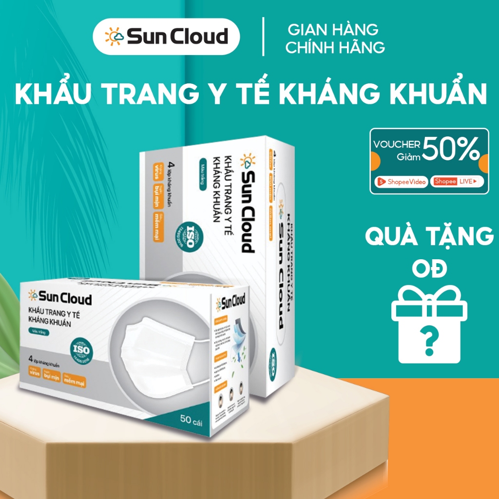 [Kèm quà] Hộp 100 Khẩu Trang Y Tế SUN CLOUD 4 Lớp Màu Trắng Kháng Khuẩn Ngăn Bụi Mịn, Chống Tia UV
