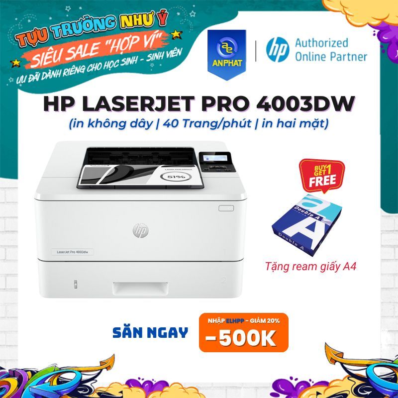 [Nhập ELHPP giảm 20% tối đa 500K] Máy in HP LaserJet Pro 4003dw (in không dây | Tốc độ 40 trang/phút | in hai mặt)