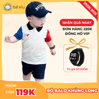 Bộ polo phối màu xanh đỏ KHỦNG LONG bắt mắt lịch sự gồm quần kaki và áo polo có cổ cho bé trai từ 8-28Kg B84