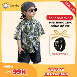  Set bộ sơ mi cộc tay HOA LÁ CÀNH họa tiết chất chơi cho bé gồm quần jean mềm và áo sơ mi từ 8-28Kg B29