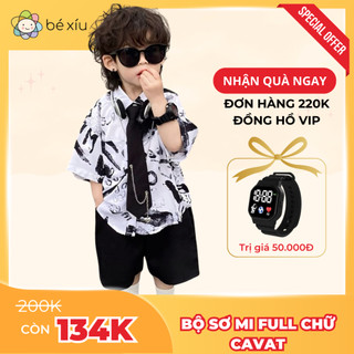 Bộ sơ mi quần jean kèm cavat bé trai FULL CHỮ rất ấn tượng cho bé trai từ 8-28Kg B72