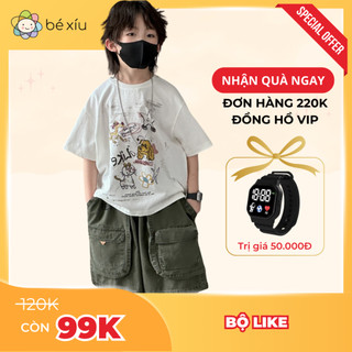  Bộ quần kaki mềm áo cotton LIKE cực phong cách, chất chơi in hình cho bè mặc HÈ 2024 từ 8-26Kg B31
