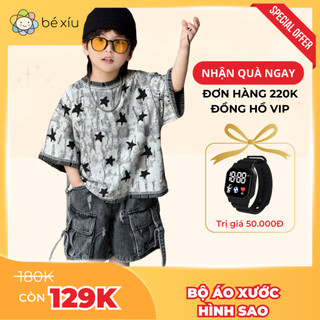 Bộ VẢI XƯỚC HÌNH SAO quần jean mềm áo xước thoáng mát cực độc lạ, ngầu đét gồm quần jean và áo xước cho bé trai từ 8-26K