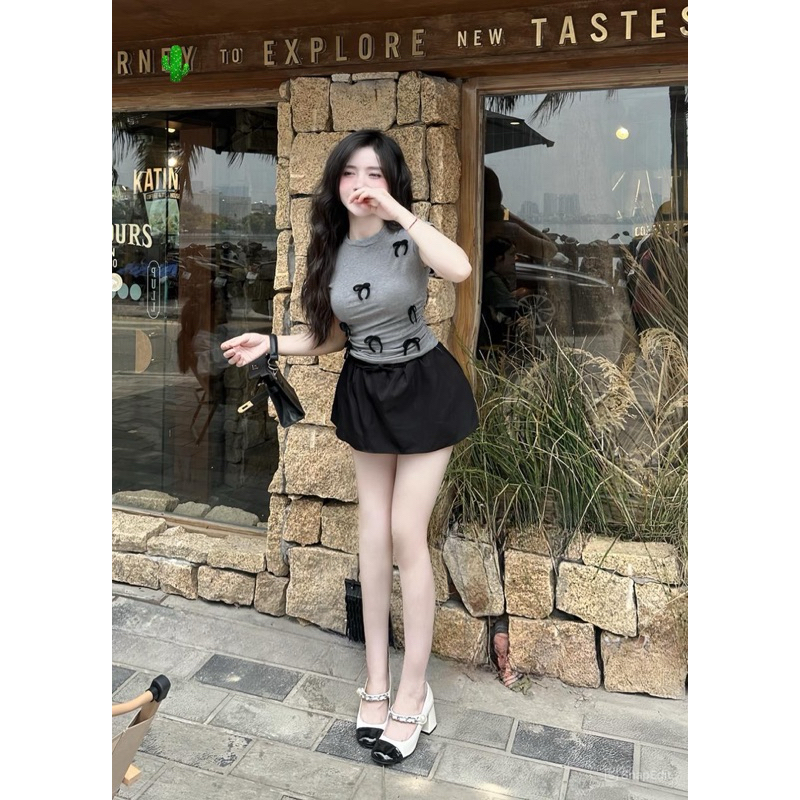 Set Bộ Áo Thun Babytee Tay Ngắn Raplang Đính Nơ Nổi Croptop + Chân Váy A Xoè Có Lót Quần | BigBuy360 - bigbuy360.vn