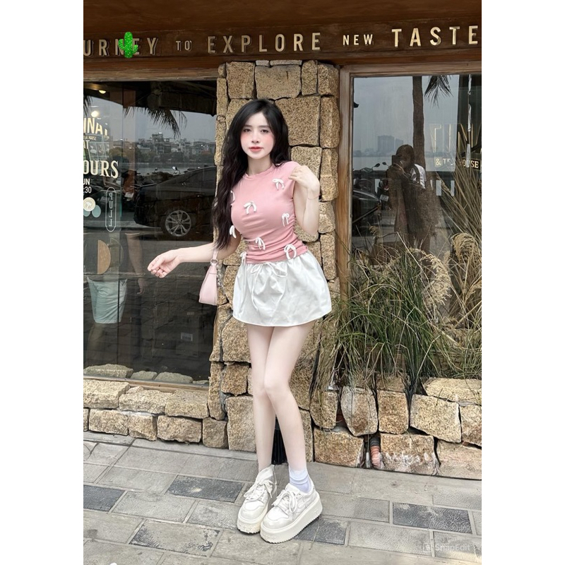 Set Bộ Áo Thun Babytee Tay Ngắn Raplang Đính Nơ Nổi Croptop + Chân Váy A Xoè Có Lót Quần | BigBuy360 - bigbuy360.vn