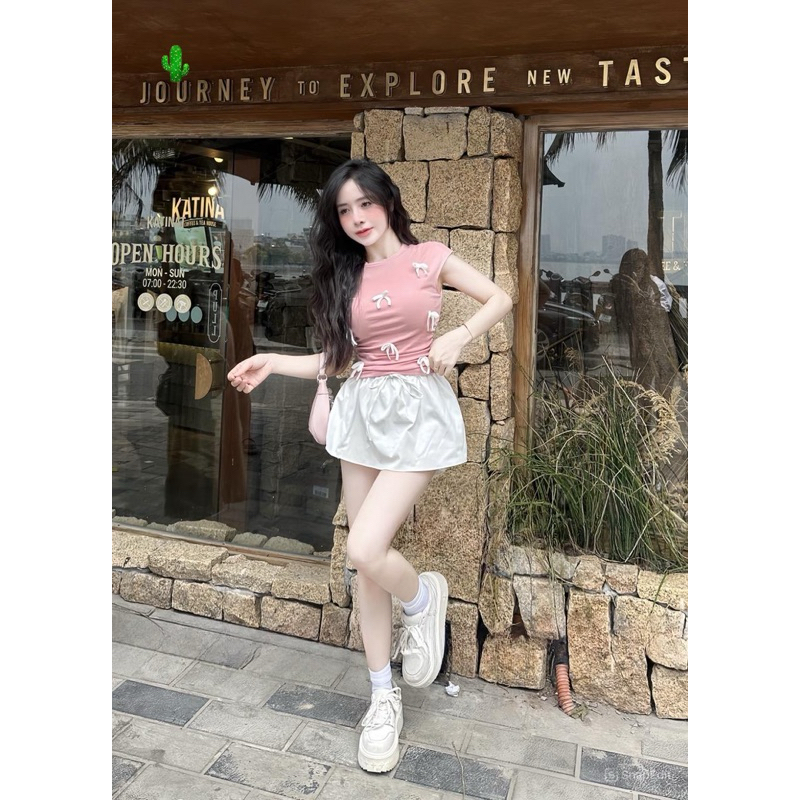Set Bộ Áo Thun Babytee Tay Ngắn Raplang Đính Nơ Nổi Croptop + Chân Váy A Xoè Có Lót Quần | BigBuy360 - bigbuy360.vn