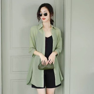 <Có sẵn> Áo sơ mi voan dáng dài xanh ngọc xuất Hàn