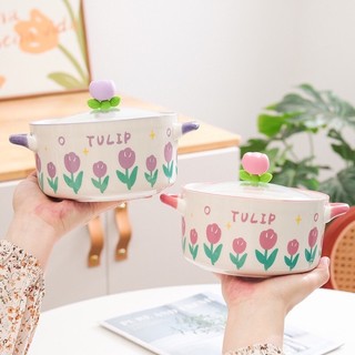Tô ăn mì bát úp mì gốm sứ có nắp đậy thuỷ tinh hoa tulip, tô mì đựng thức ăn salad, lấu cơm phở đa năng