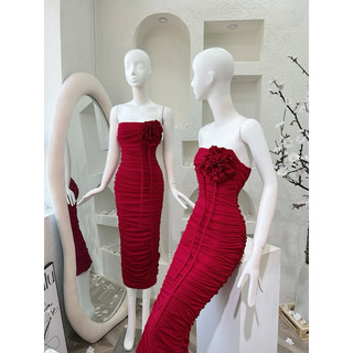 Đầm Midi Cúp Ngực Nhún Thân Đính Hoa To Thủ Công 3D Ôm Body Sexy Tôn Dáng