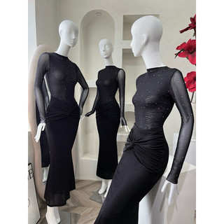 Đầm body thun lưới sheer đính đá mix thun nhũ xoắn eo dáng đuôi cá ôm body sexy tôn dáng
