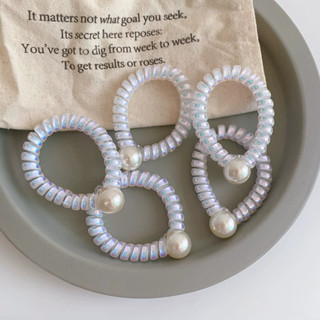 Dây buộc tóc lò xo màu trắng đính hạt ngọc nhân tạo phong cách đơn giản cho nữ