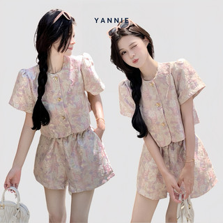 Set đồ gấm nữ sang chảnh gồm áo sơ mi ngắn tay croptop + quần short hè thanh lịch tiểu thư Hàn Quốc Yannie