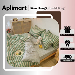 Bộ chăn ga coton poly đáng yêu, chăn ga hàn quốc xanh lá sọc