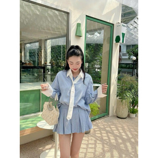 [Kim Clothing] Set áo sơ mi sọc phối trắng form rộng + cà vạt + chân váy xếp li xoè có lót quần dành cho nữ