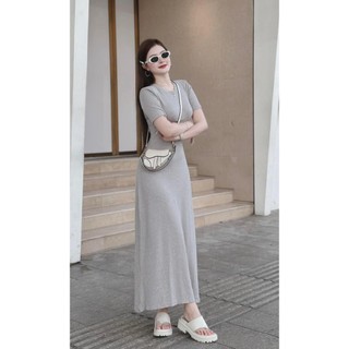 Đầm midi body cổ tròn xòe suông dài gân tăm 2 màu xám đen basic