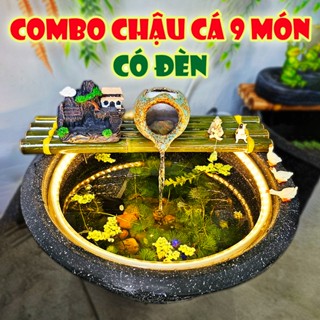  Combo Chậu Cá T48 9 món nhựa kèm đồ trang trí phên tre thác máy bơm lọc nước tiểu cảnh dành cho bể cá hòn non bộ 