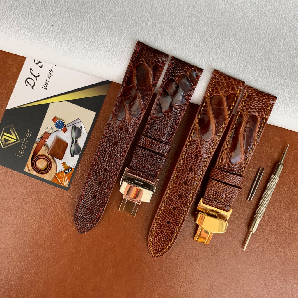 [DĐH02]-Dây Đồng Hồ Da Đà Điểu, Da Vảy Chân, Màu Đen/Nâu/Nâu Đỏ/Vàng Bò (SP gồm: Chốt, Khóa, Tool)