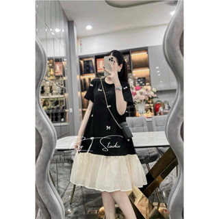 Váy bầu, đầm bầu babydoll xinh thiết kế cổ tròn đen hoạ tiết nơ bé phối voan đuôi cá tiểu thư siêu xinh