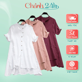 Áo sơ mi váy bigsize form rộng dáng dài Chảnh 24h chất liệu đũi mềm nhẹ mát nhiều màu AKH.35