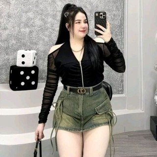 TCSHOPJEANS Áo Thun Lưới Bigsize Nữ Cổ Yếm Tay Dài Dây Kéo FORM VỪA KHÔNG NGẮN mã AT 212