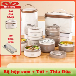 Hộp đựng cơm giữ nhiệt Bento Box kèm túi và thìa đũa Hộp cơm văn phòng Inox 304 cao cấp