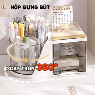  Hộp Đựng Bút Xoay 360 Độ Hộp Đựng Bút Để Bàn Học Kèm Ngăn Kéo Tiện Dụng BX68 