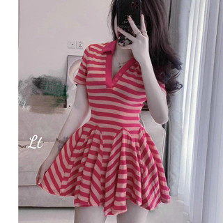 đầm xòe ngắn tay ngắn cổ bẻ kẻ sọc đen hồng kèm quần trong ls