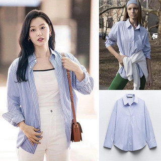 Sơ mi ZRA nữ oversized kẻ xanh dài tay