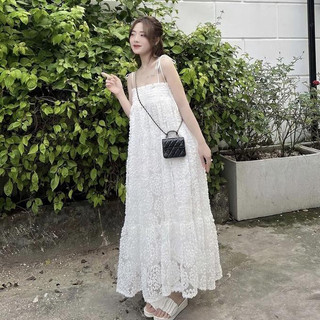 Váy hai dây công chúa - Đầm maxi đi biển màu trắng dáng dài đuôi cá chất tơ xù form rộng thời trang