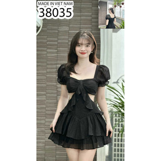 S380-đầm cổ vuông khoét eo tầng