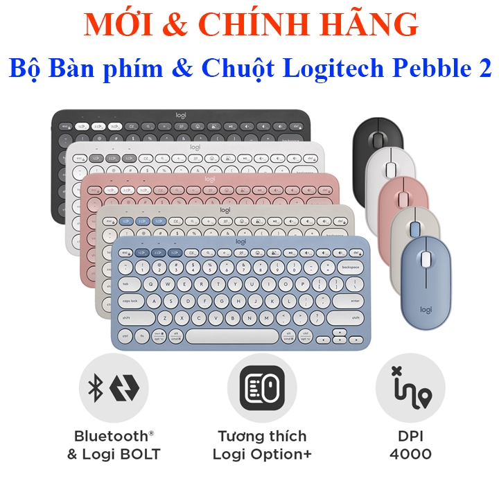 Bộ bàn phím K380S & chuột M350S Logitech Pebble 2 Yên tĩnh, Di động, Easy-Switch