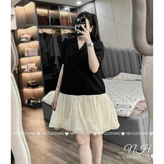Đầm bầu mặc công sở cổ sơ mi màu đen phối chân voan xoè form rộng thời trang thanh lịch