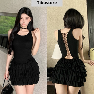 Đầm Hai Dây Đan Chéo Lưng Đuôi Xoè Tầng TIBU Đầm Body Nữ Dáng Ngắn Màu Đen Sang Chảnh Đi Chơi Dự Tiệc Hot Trend - 01D