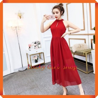 Đầm Maxi Voan Tơ Mềm Mại Cổ Yếm Viền Xích Đi Tiệc Sang Chảnh Hoặc Đi Biển Chụp Ảnh Sống Ảo Free Size Dưới 60kg