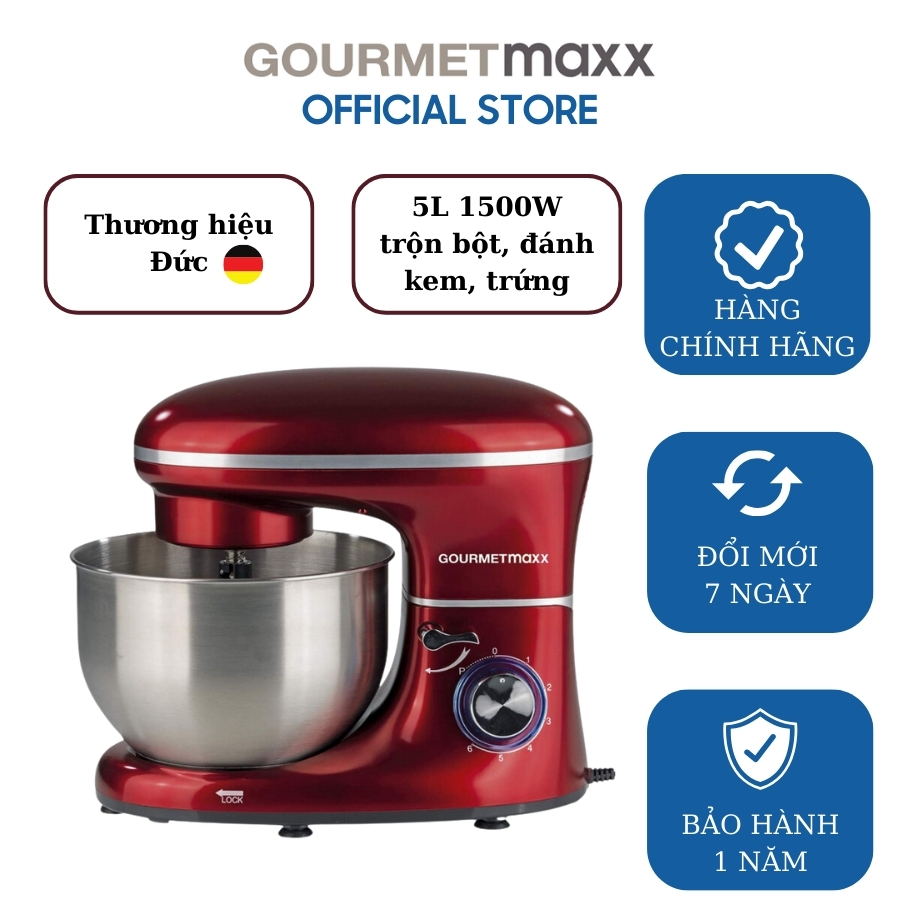 (chính hãng)  Máy trộn bột GOURMETMAXX 5L 1500W của Đức chạy rất êm - Đánh trứng, trộn salad, topping