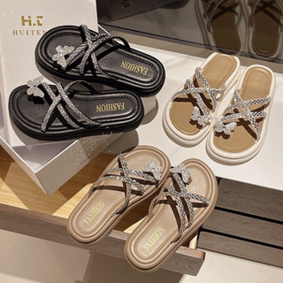 Dép nữ xỏ ngón đính đá hồ điệp xinh đẹp, dép nữ kiểu sang chảnh đính đá đế cao 4cm hot nhất hiện nay