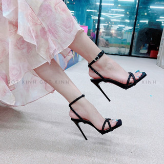 giày sandal cao gót nữ quoai đá chéo mũi vuông sang trọng cao 8->12cm (XX)