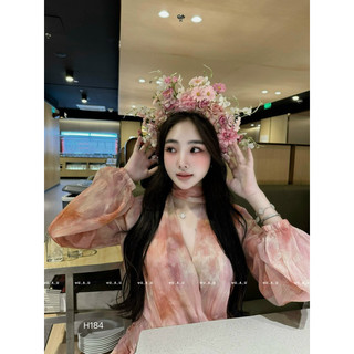 Váy Tơ Loang Dây Cổ Dài Tay Hot Trend