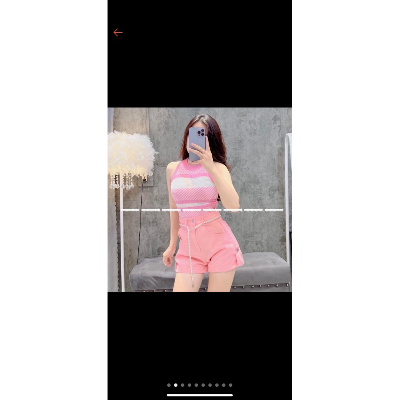 [Pass/ Thanh Lý] Set áo len yếm quần short channel hồng gập gấu kèm belt xích