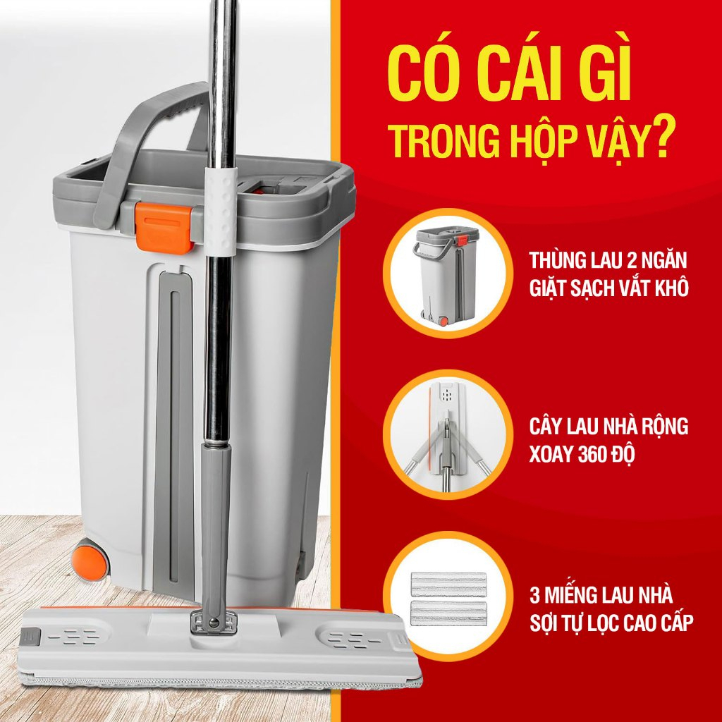 Bộ lau nhà cỡ lớn TaKiMi C6-ProMax có thùng lau nhà tự vắt kèm bánh xe, cây lau nhà 360 độ lau sàn l