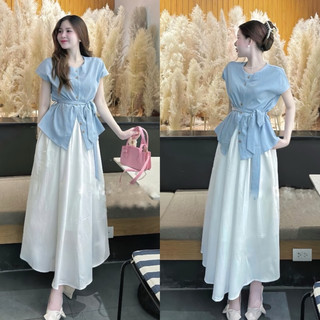 [S2.822] Set Áo Sơmi Đũi Xanh Tay Hến Kèm Đai Mix Chân Váy Trắng Dáng Dài Hàng 2 Lớp (cvay cạp chun)