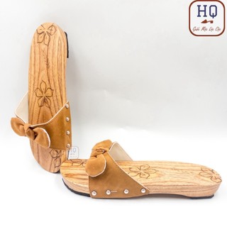  Guốc gỗ nữ dép gỗ đế bằng 2p chạm khắc bông hoa Tuổi Thơ guốc mộc truyền thống quai tai thỏ trẻ trung mặc bà ba đi dạo 