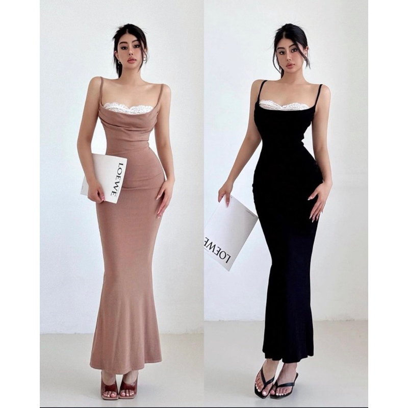 [HÀNG ĐẶT TRƯỚC] Đầm thun maxi đuôi cá cổ đổ phối ren #1108