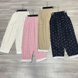 Quần baggy lưng cao chất liệu kaki thô mềm mịn, in hình xinh xắn lưng chun co giãn phối ren gấu form xinh