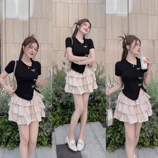 [ Rẻ vô địch ] Set váy áo thun đính tag nơ lèm chân váy xoè