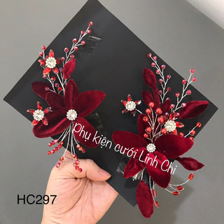 Set 2 cài hoa đỏ cô dâu sang trọng